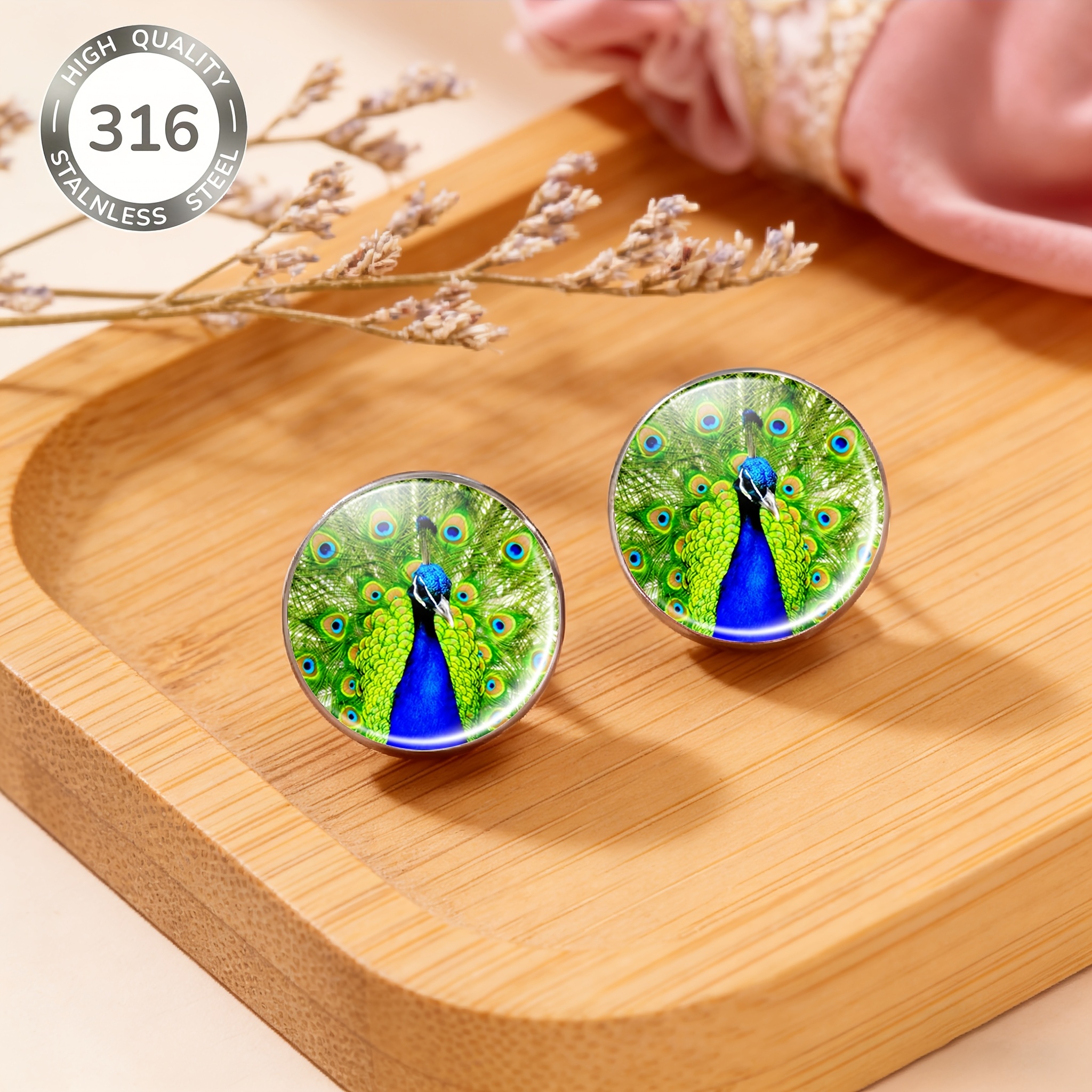 Women's 2pcs Stainless Steel Round Studs with Peacock Design